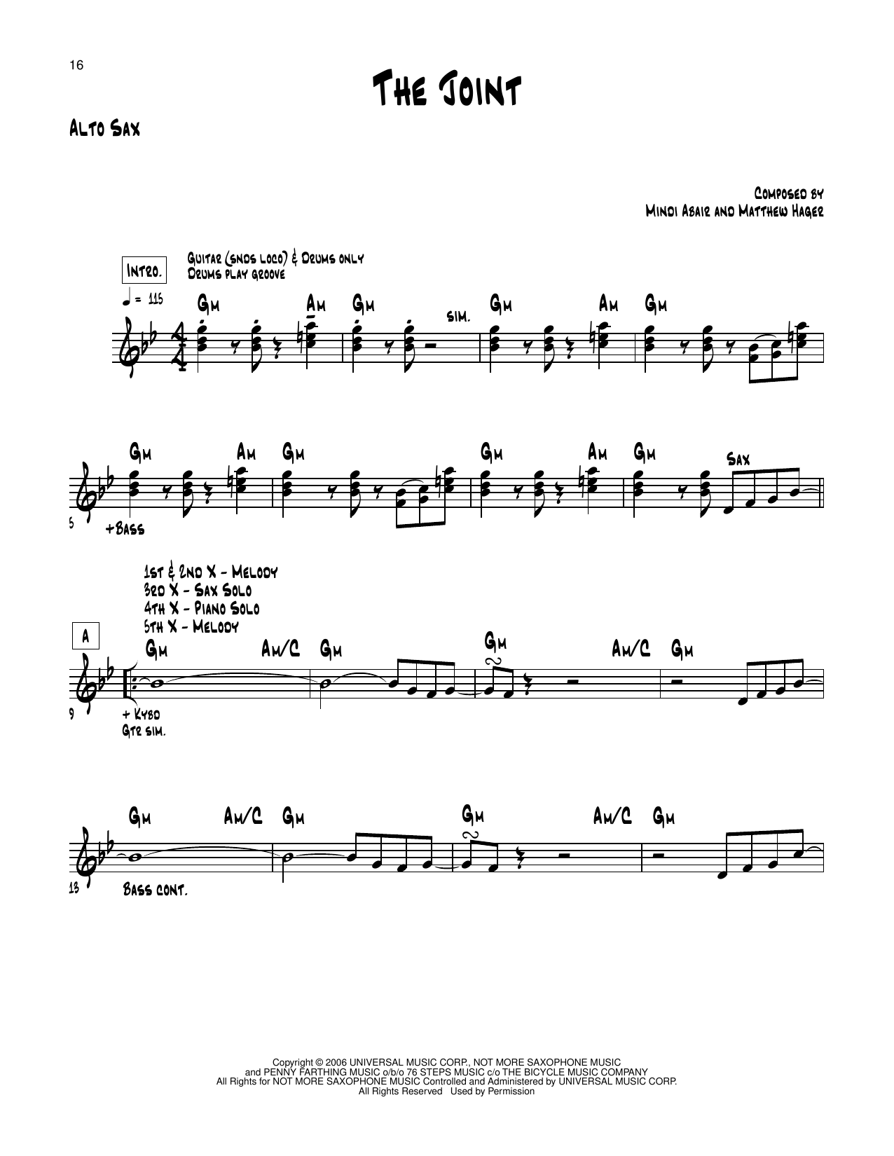 Download Mindi Abair The Joint Sheet Music and learn how to play Alto Sax Transcription PDF digital score in minutes