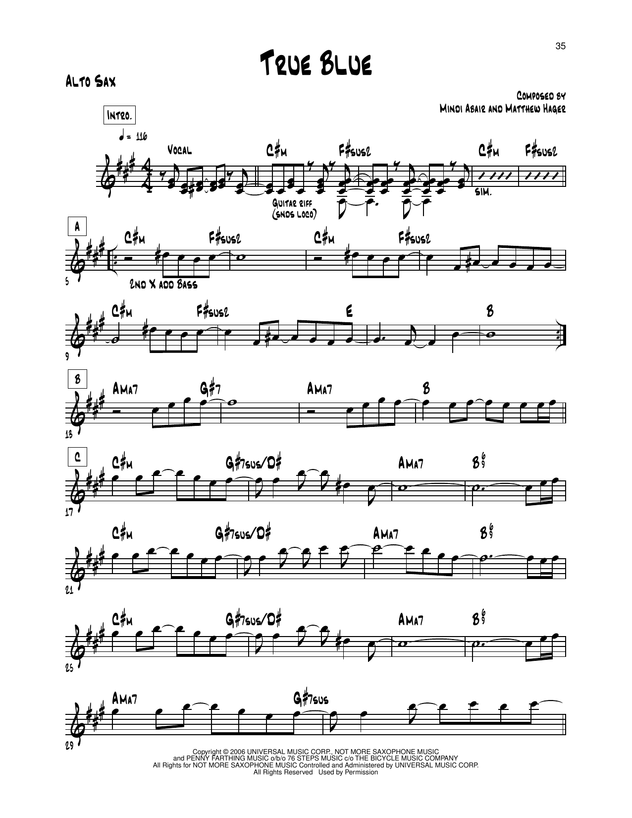 Download Mindi Abair True Blue Sheet Music and learn how to play Alto Sax Transcription PDF digital score in minutes