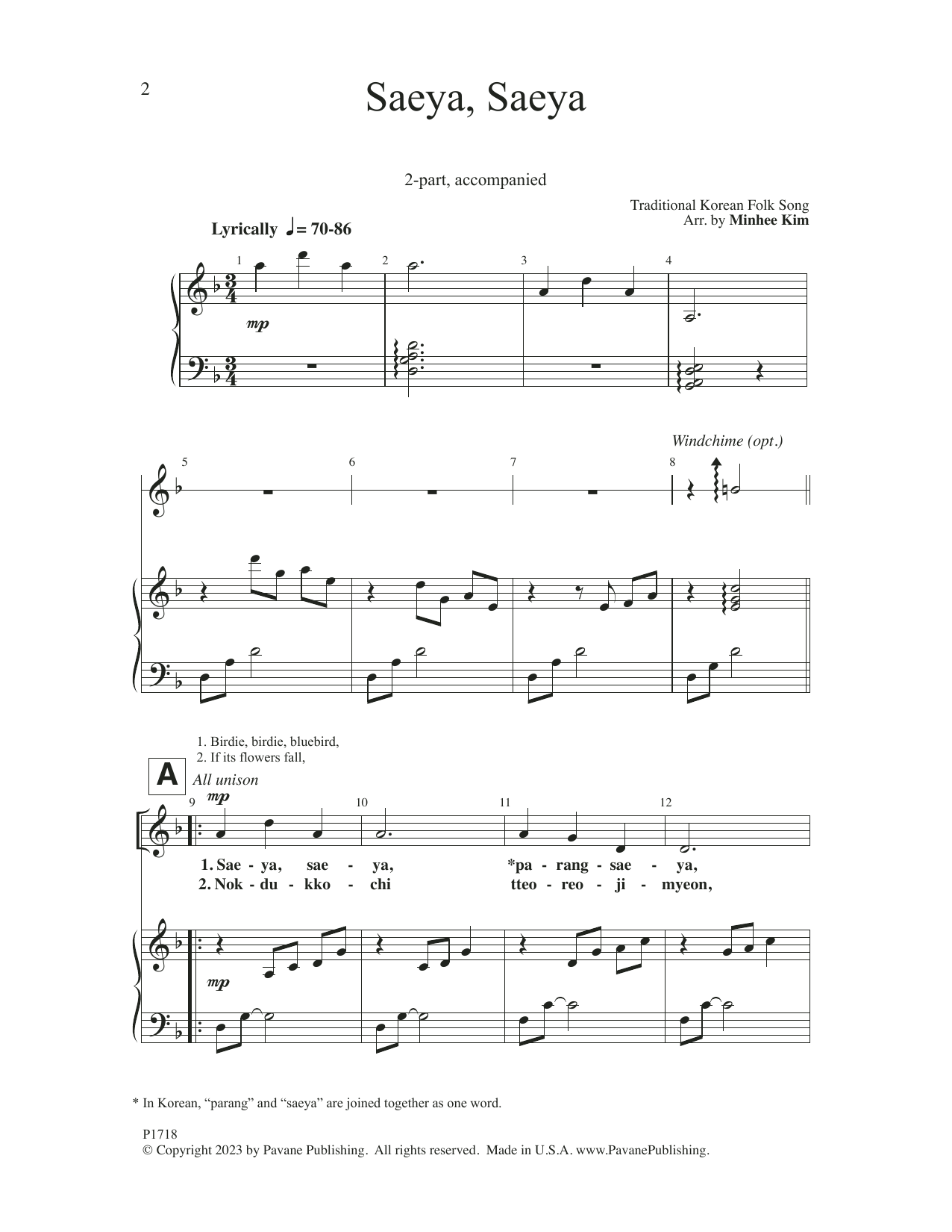 Download Minhee Kim Saeya, Saeya Sheet Music and learn how to play 2-Part Choir PDF digital score in minutes