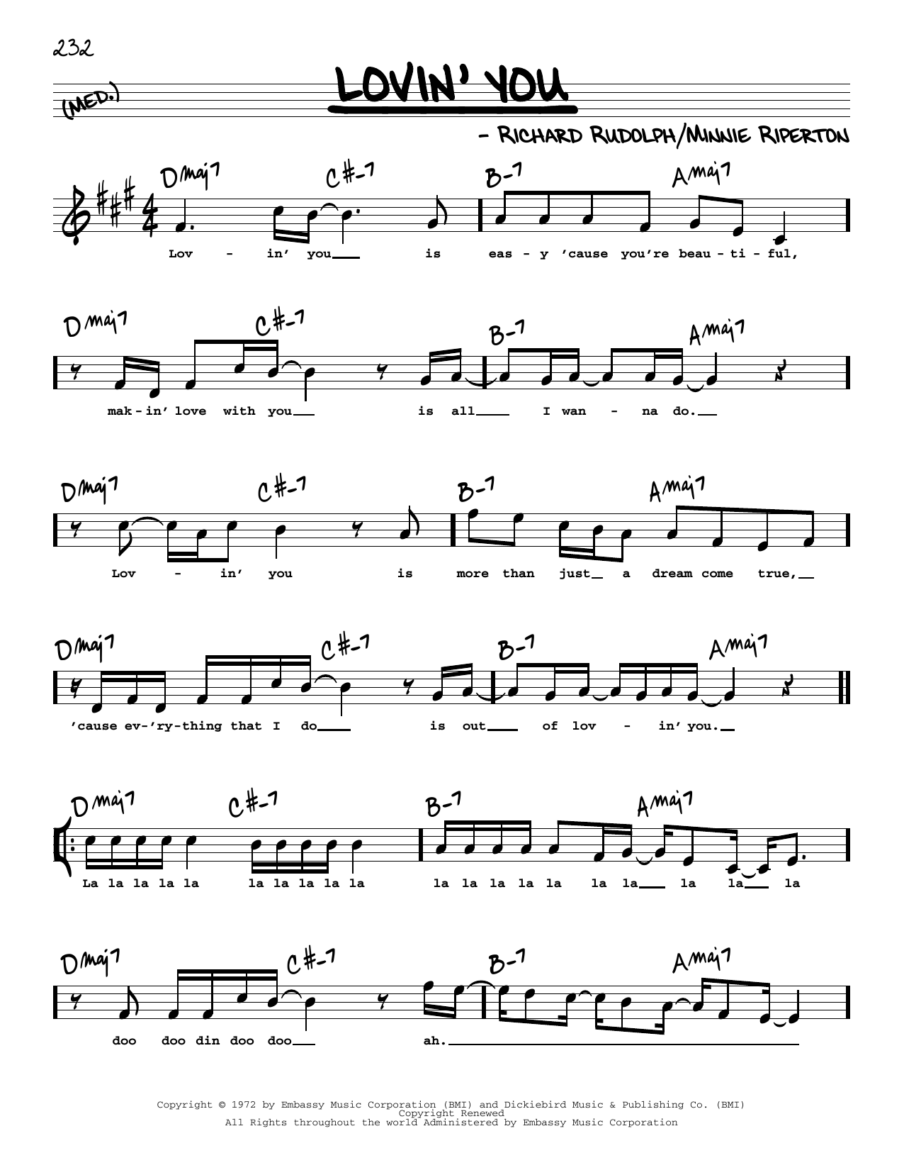 Download Minnie Riperton Lovin' You (High Voice) Sheet Music and learn how to play Real Book – Melody, Lyrics & Chords PDF digital score in minutes