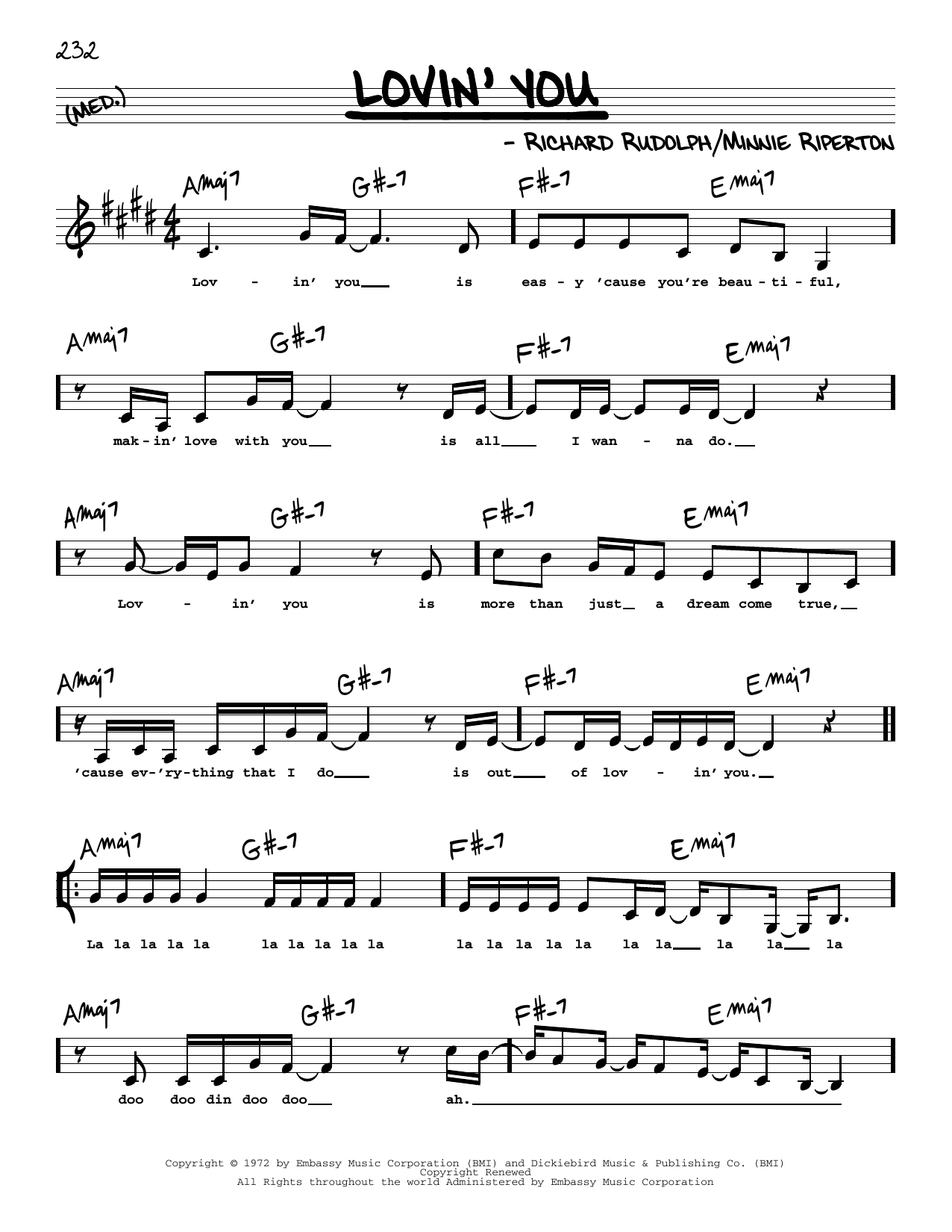 Download Minnie Riperton Lovin' You (Low Voice) Sheet Music and learn how to play Real Book – Melody, Lyrics & Chords PDF digital score in minutes