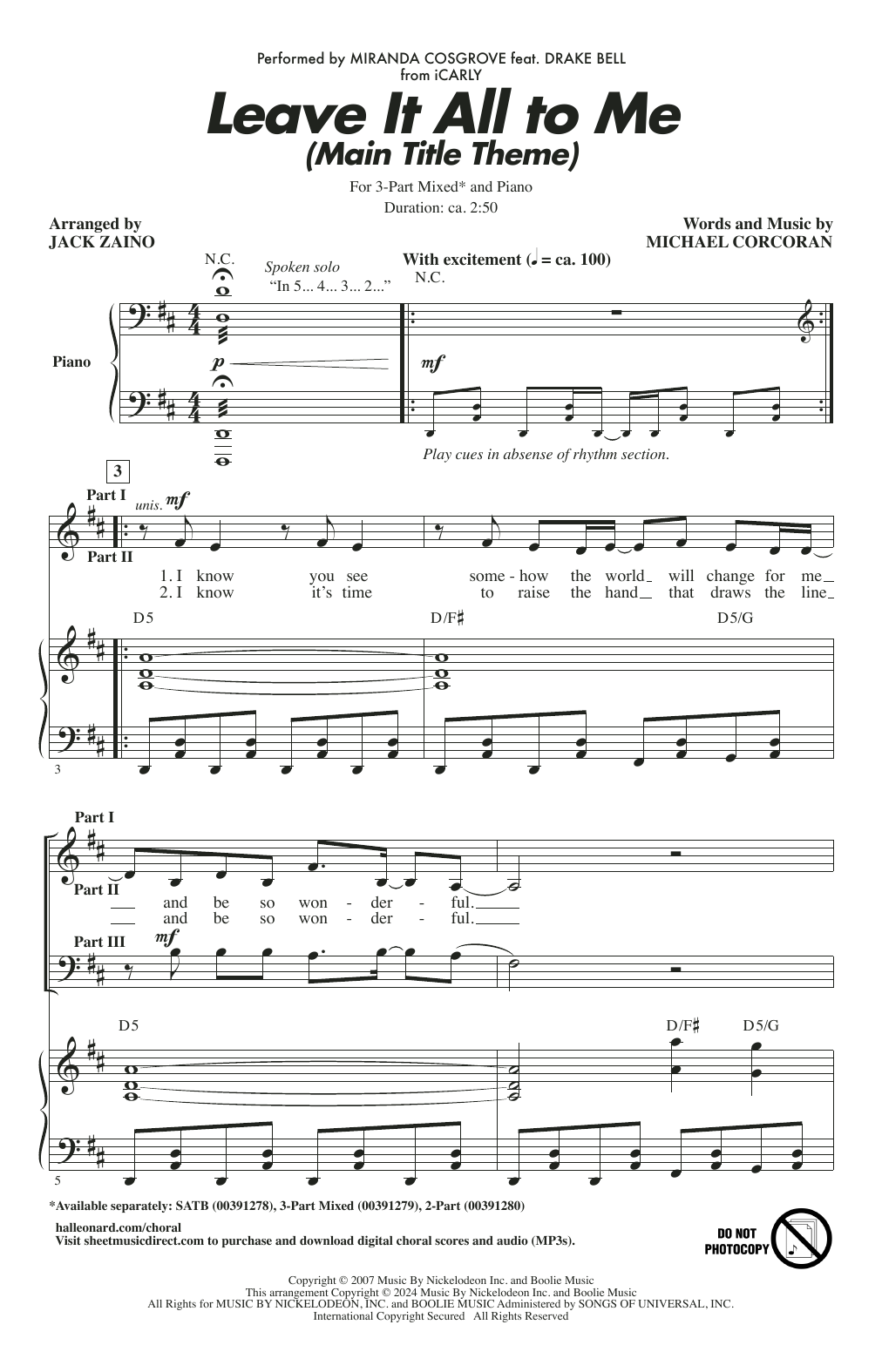 Download Miranda Cosgrove Leave It All To Me (Main Title Theme from iCarly) (arr. Jack Zaino) Sheet Music and learn how to play 2-Part Choir PDF digital score in minutes