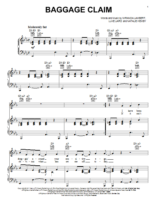 Download Miranda Lambert Baggage Claim Sheet Music and learn how to play Piano, Vocal & Guitar (Right-Hand Melody) PDF digital score in minutes