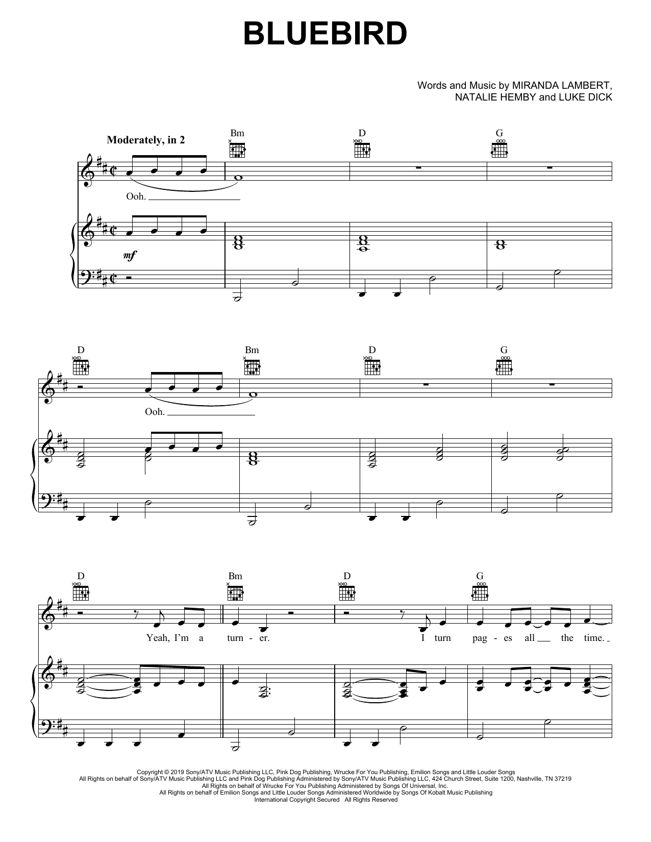 Download Miranda Lambert Bluebird Sheet Music and learn how to play Piano, Vocal & Guitar Chords (Right-Hand Melody) PDF digital score in minutes