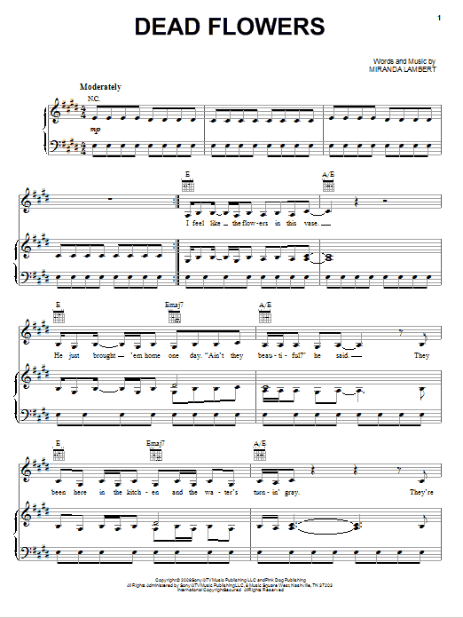 Download Miranda Lambert Dead Flowers Sheet Music and learn how to play Piano, Vocal & Guitar (Right-Hand Melody) PDF digital score in minutes