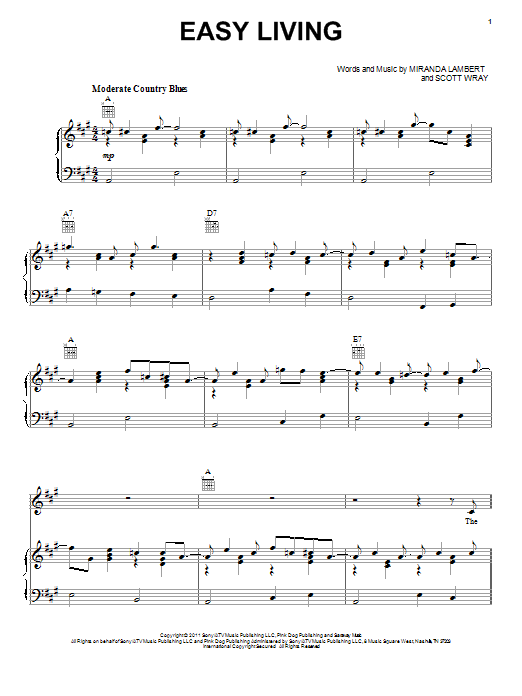 Download Miranda Lambert Easy Living Sheet Music and learn how to play Piano, Vocal & Guitar (Right-Hand Melody) PDF digital score in minutes