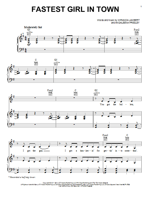 Download Miranda Lambert Fastest Girl In Town Sheet Music and learn how to play Piano, Vocal & Guitar (Right-Hand Melody) PDF digital score in minutes