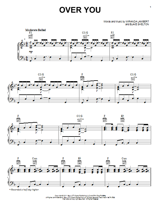 Download Miranda Lambert Over You Sheet Music and learn how to play Piano, Vocal & Guitar (Right-Hand Melody) PDF digital score in minutes