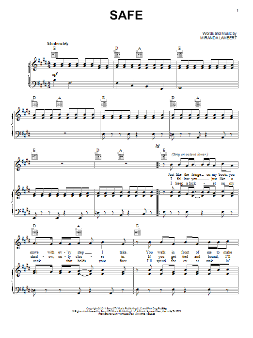 Download Miranda Lambert Safe Sheet Music and learn how to play Piano, Vocal & Guitar (Right-Hand Melody) PDF digital score in minutes