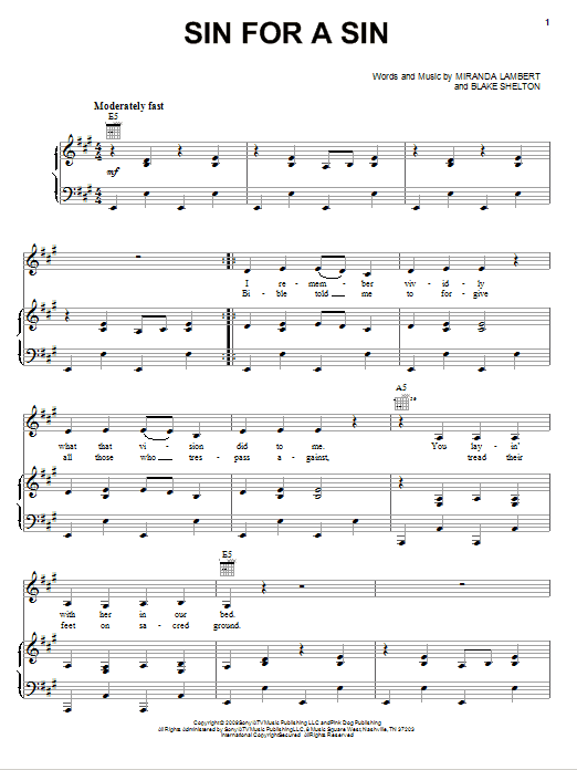 Download Miranda Lambert Sin For A Sin Sheet Music and learn how to play Piano, Vocal & Guitar (Right-Hand Melody) PDF digital score in minutes