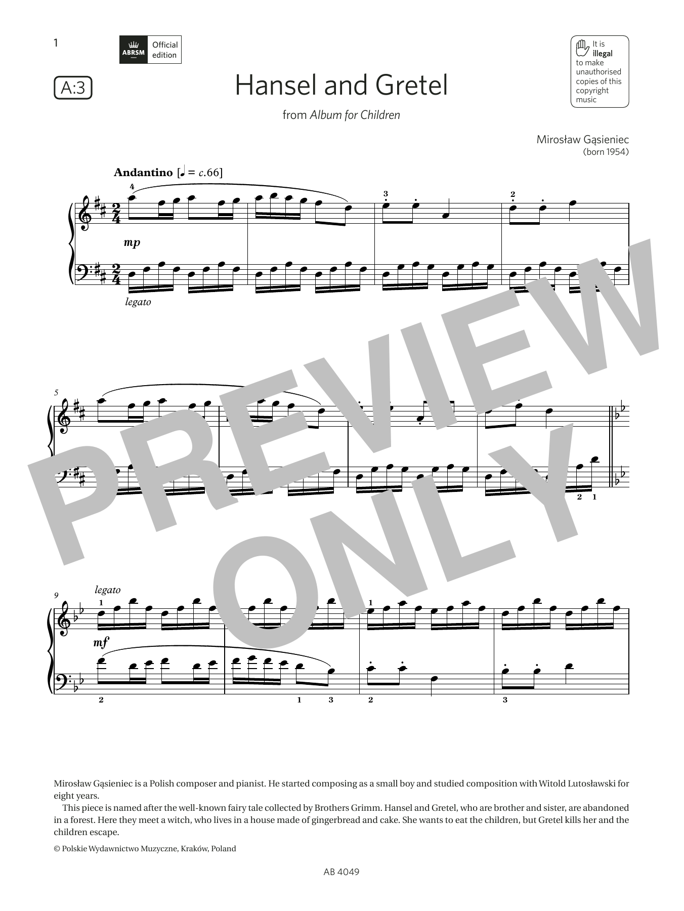 Download Mirosław Gąsieniec Hansel and Gretel (Grade 3, list A3, from the ABRSM Piano Syllabus 2023 & 2024) Sheet Music and learn how to play Piano Solo PDF digital score in minutes