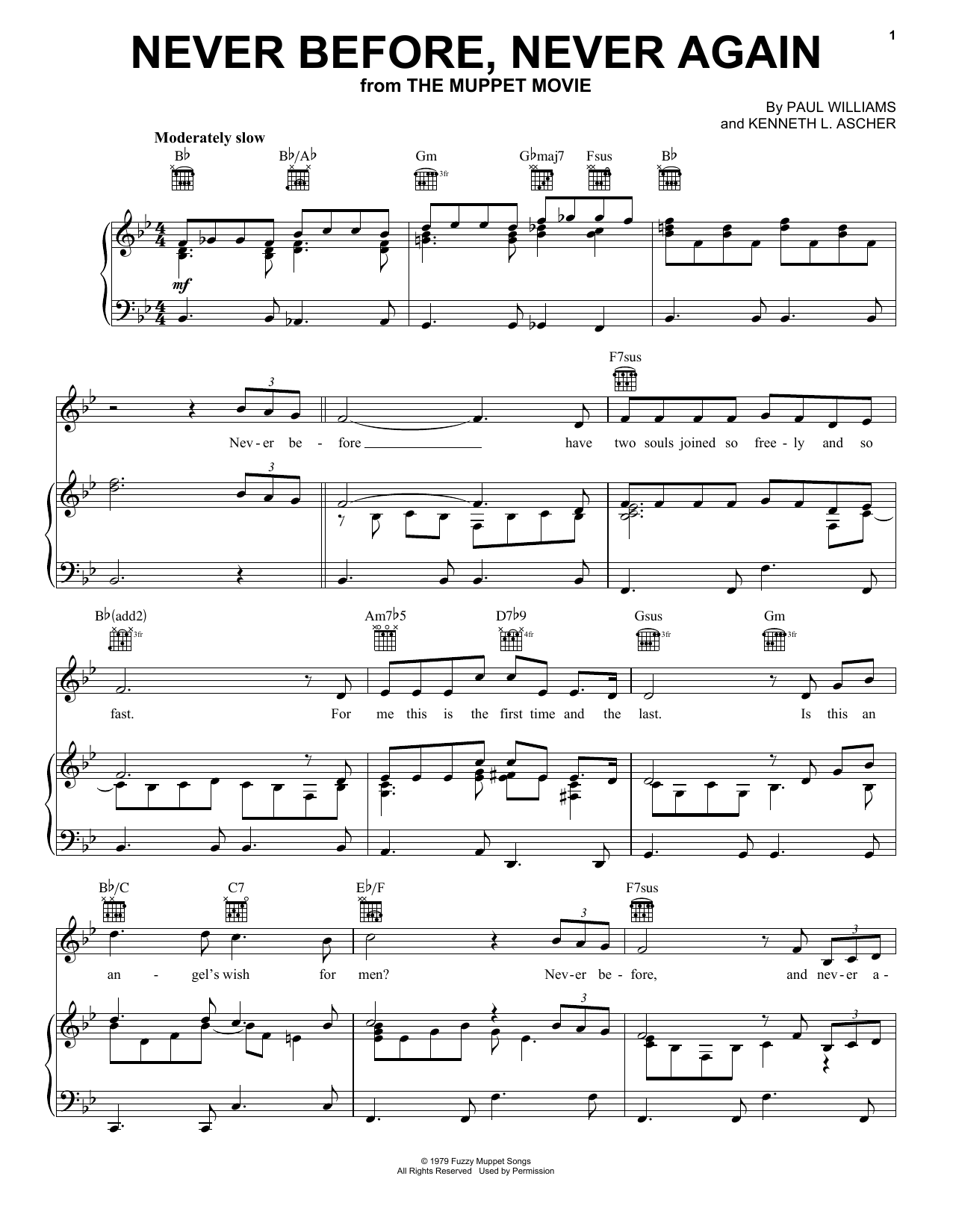 Download Miss Piggy Never Before, Never Again (from The Muppet Movie) Sheet Music and learn how to play Piano, Vocal & Guitar Chords (Right-Hand Melody) PDF digital score in minutes