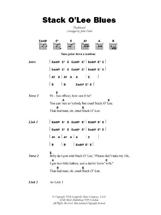 Download Mississippi John Hurt Stack O' Lee Blues Sheet Music and learn how to play Lyrics & Chords PDF digital score in minutes