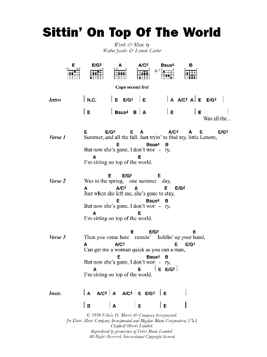 Download Mississippi Sheiks Sittin' On Top Of The World Sheet Music and learn how to play Lyrics & Chords PDF digital score in minutes