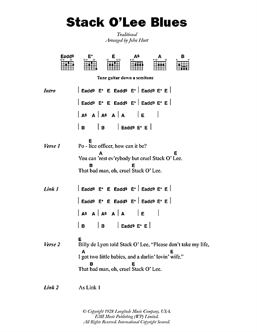 Download Mississippi John Hurt Stack O' Lee Blues Sheet Music and learn how to play Lyrics & Chords PDF digital score in minutes