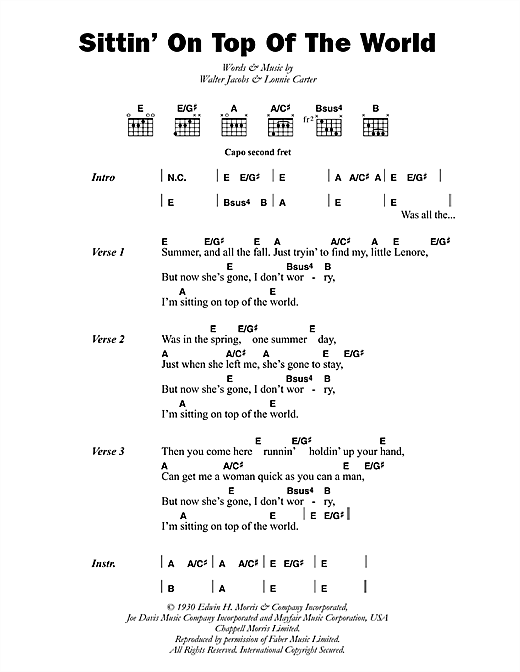 Download Mississippi Sheiks Sittin' On Top Of The World Sheet Music and learn how to play Lyrics & Chords PDF digital score in minutes