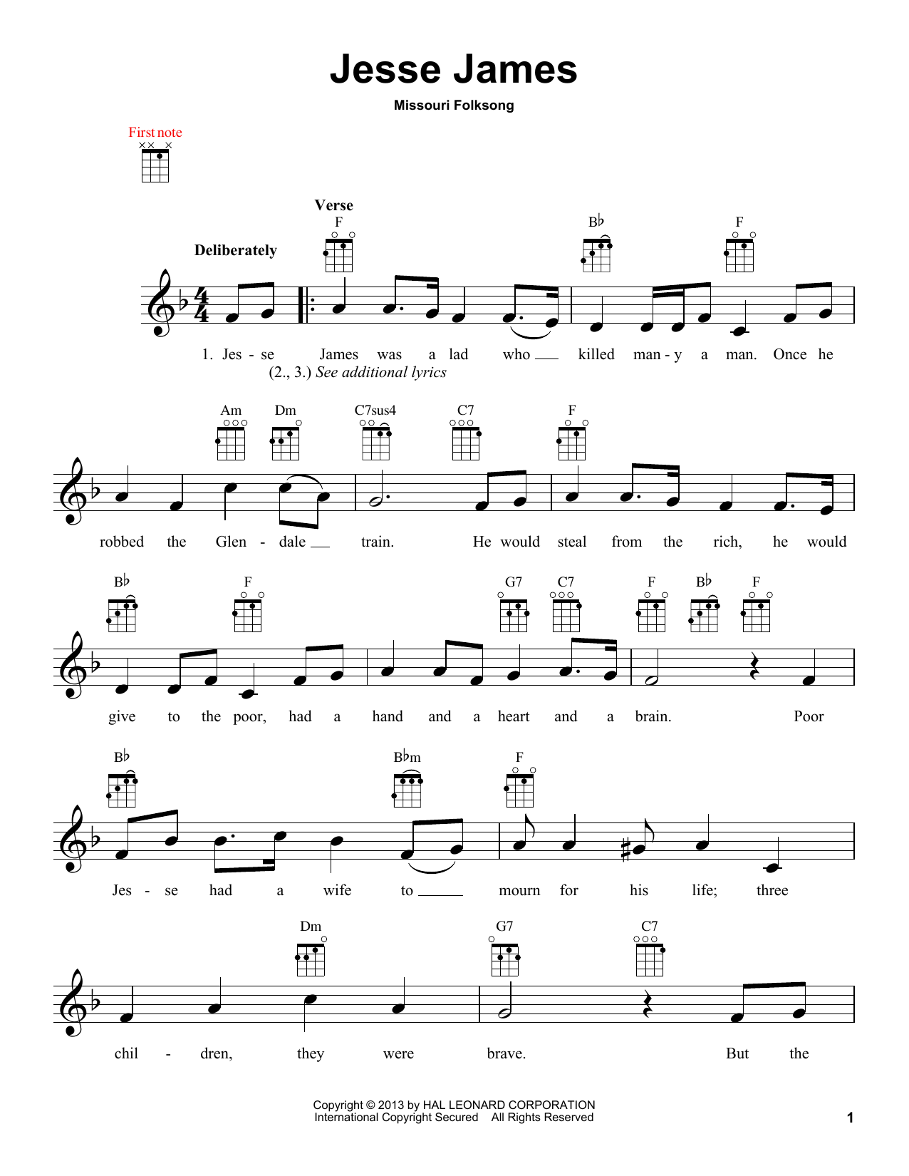 Download Missouri Folksong Jesse James Sheet Music and learn how to play Ukulele PDF digital score in minutes