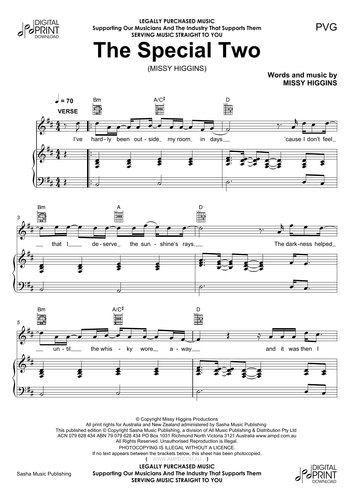 Download Missy Higgins Special Two Sheet Music and learn how to play Piano, Vocal & Guitar (Right-Hand Melody) PDF digital score in minutes