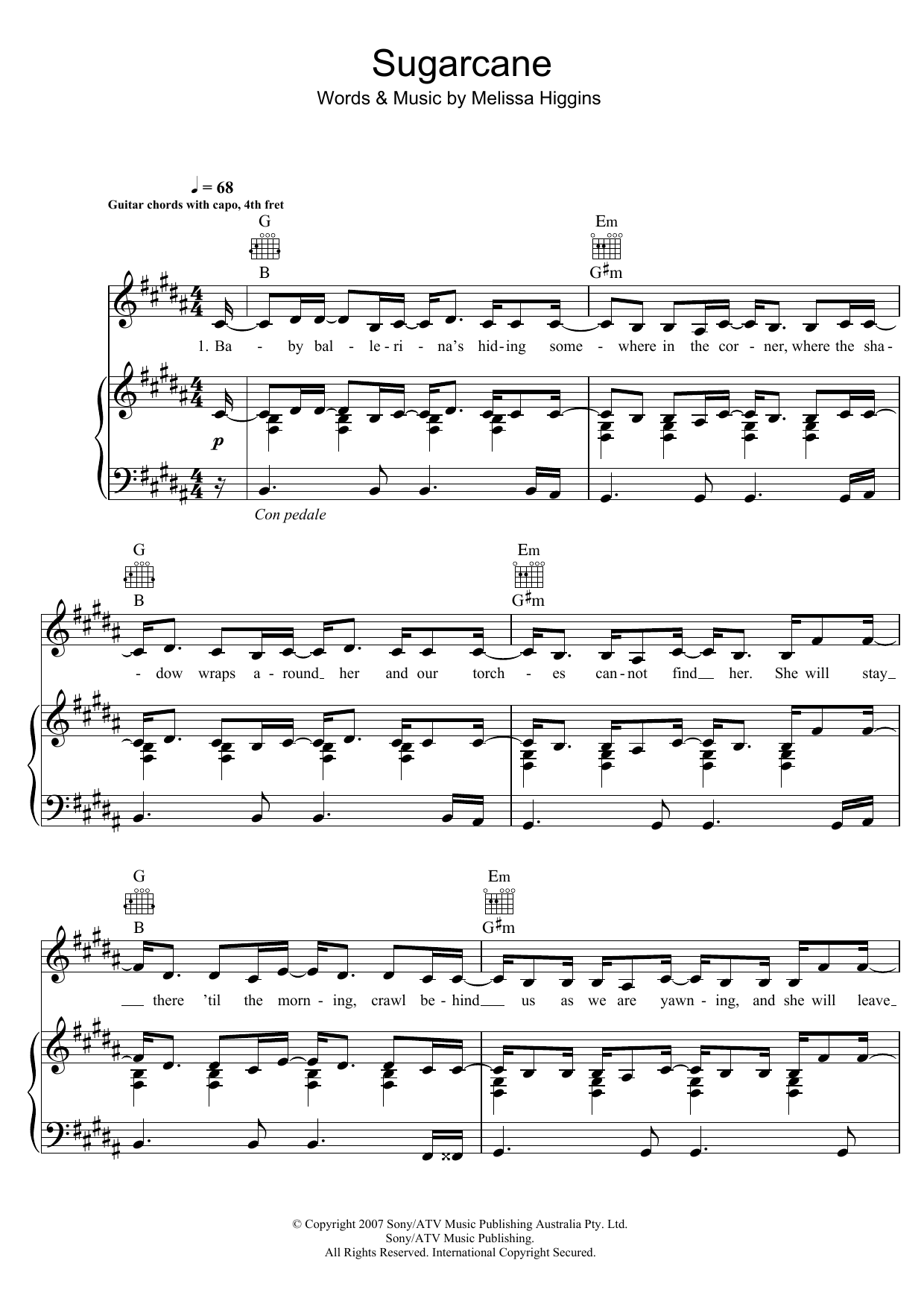 Download Missy Higgins Sugarcane Sheet Music and learn how to play Piano, Vocal & Guitar (Right-Hand Melody) PDF digital score in minutes