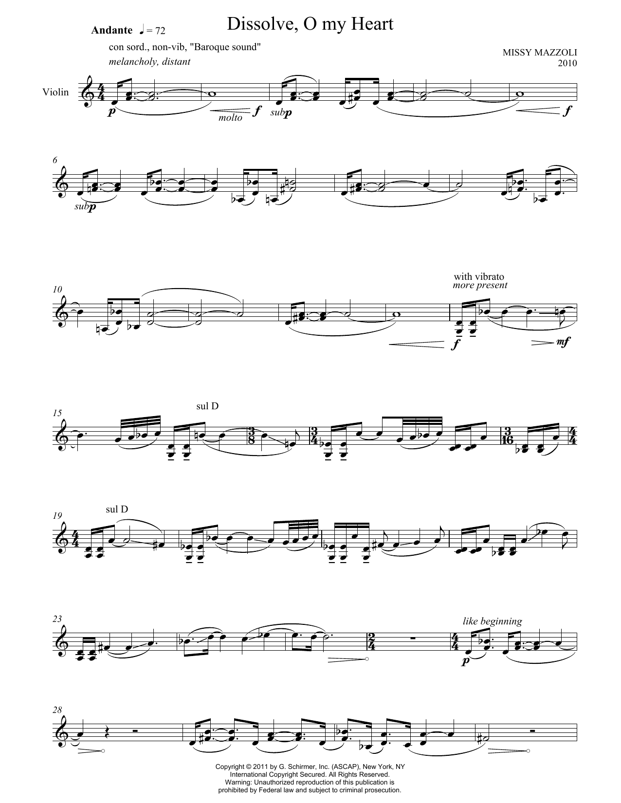 Download Missy Mazzoli Dissolve, O My Heart Sheet Music and learn how to play Violin PDF digital score in minutes