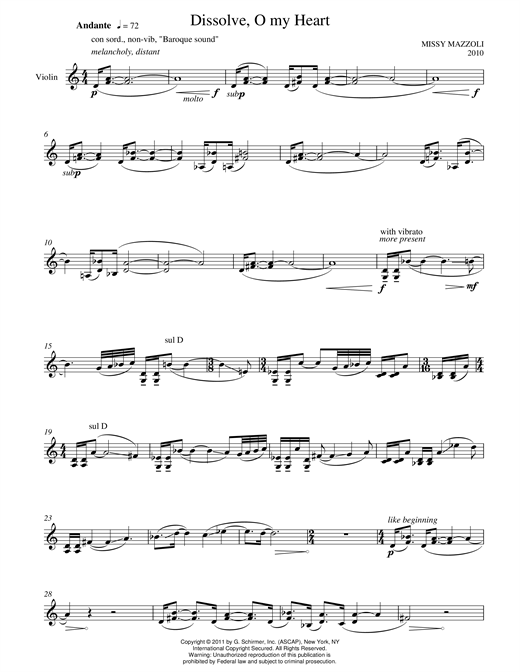 Download Missy Mazzoli Dissolve, O My Heart Sheet Music and learn how to play Violin PDF digital score in minutes