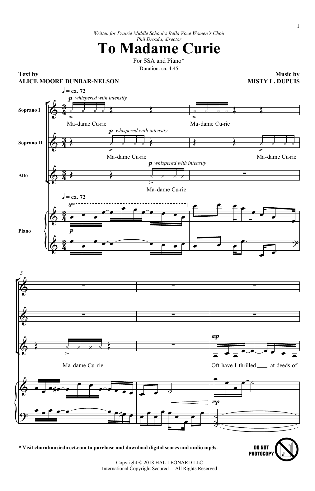 Download Misty L. Dupuis To Madame Curie Sheet Music and learn how to play SSA PDF digital score in minutes