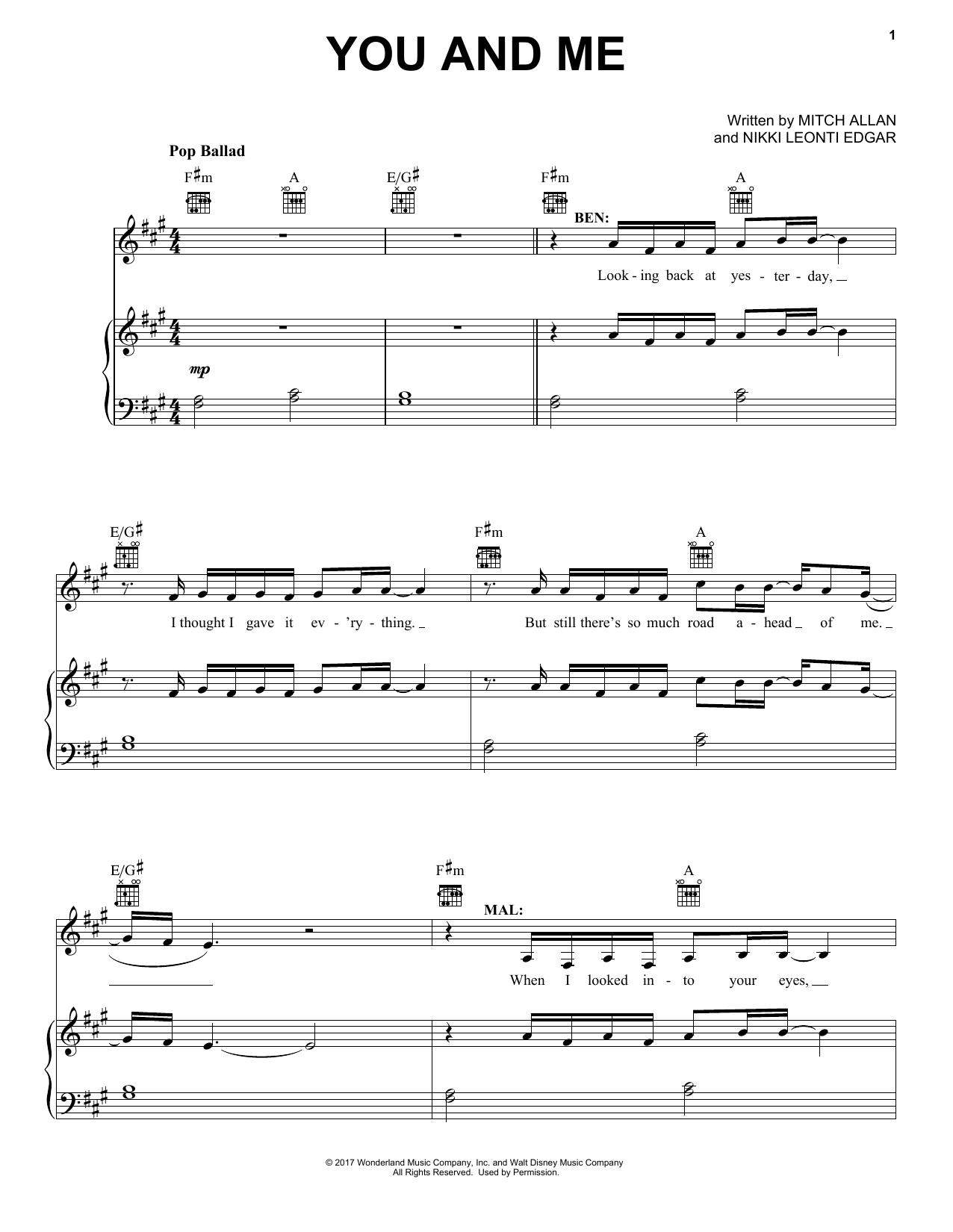 Download Mitch Allan You And Me Sheet Music and learn how to play Piano, Vocal & Guitar (Right-Hand Melody) PDF digital score in minutes