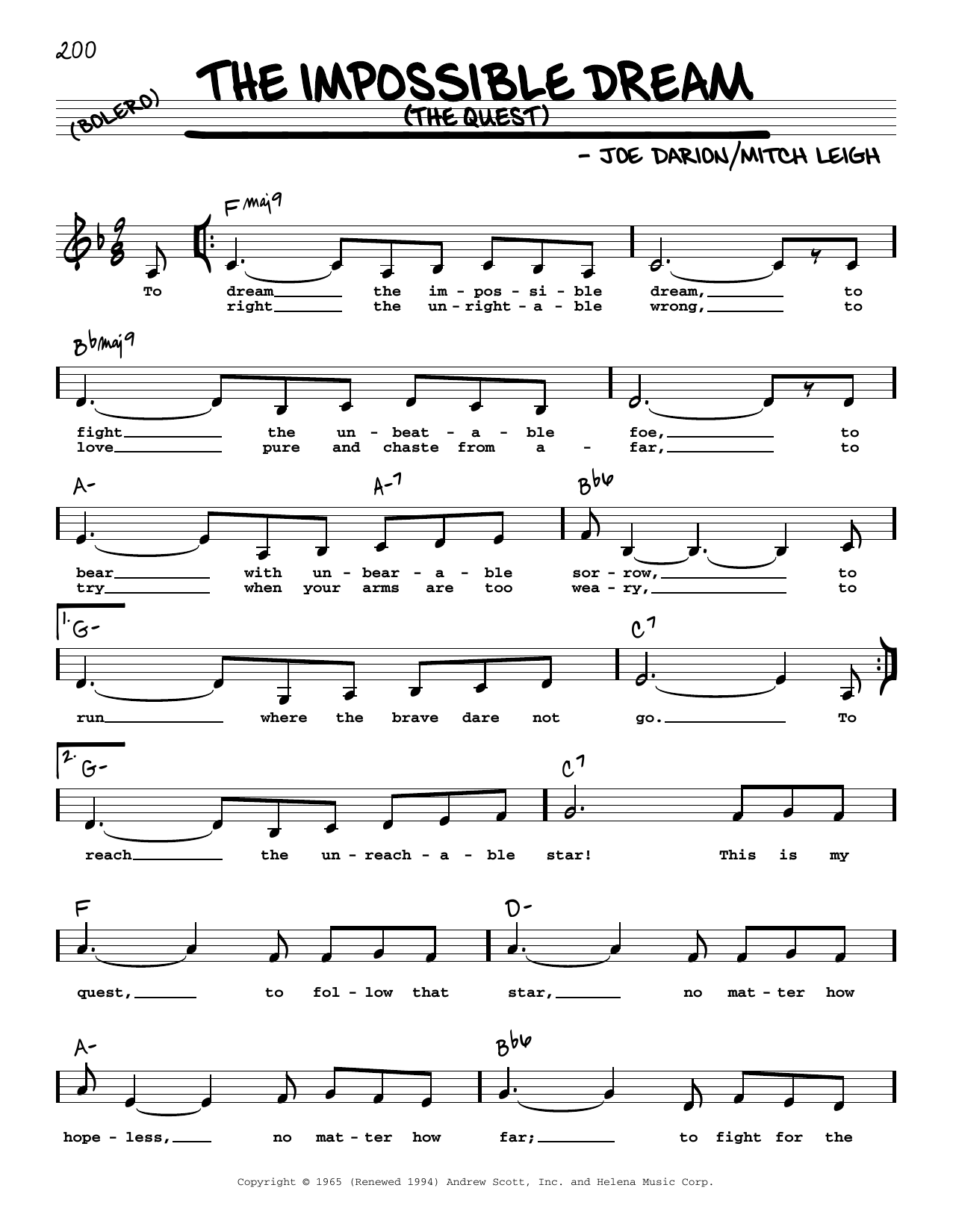 Download Mitch Leigh The Impossible Dream (The Quest) (Low Voice) Sheet Music and learn how to play Real Book – Melody, Lyrics & Chords PDF digital score in minutes