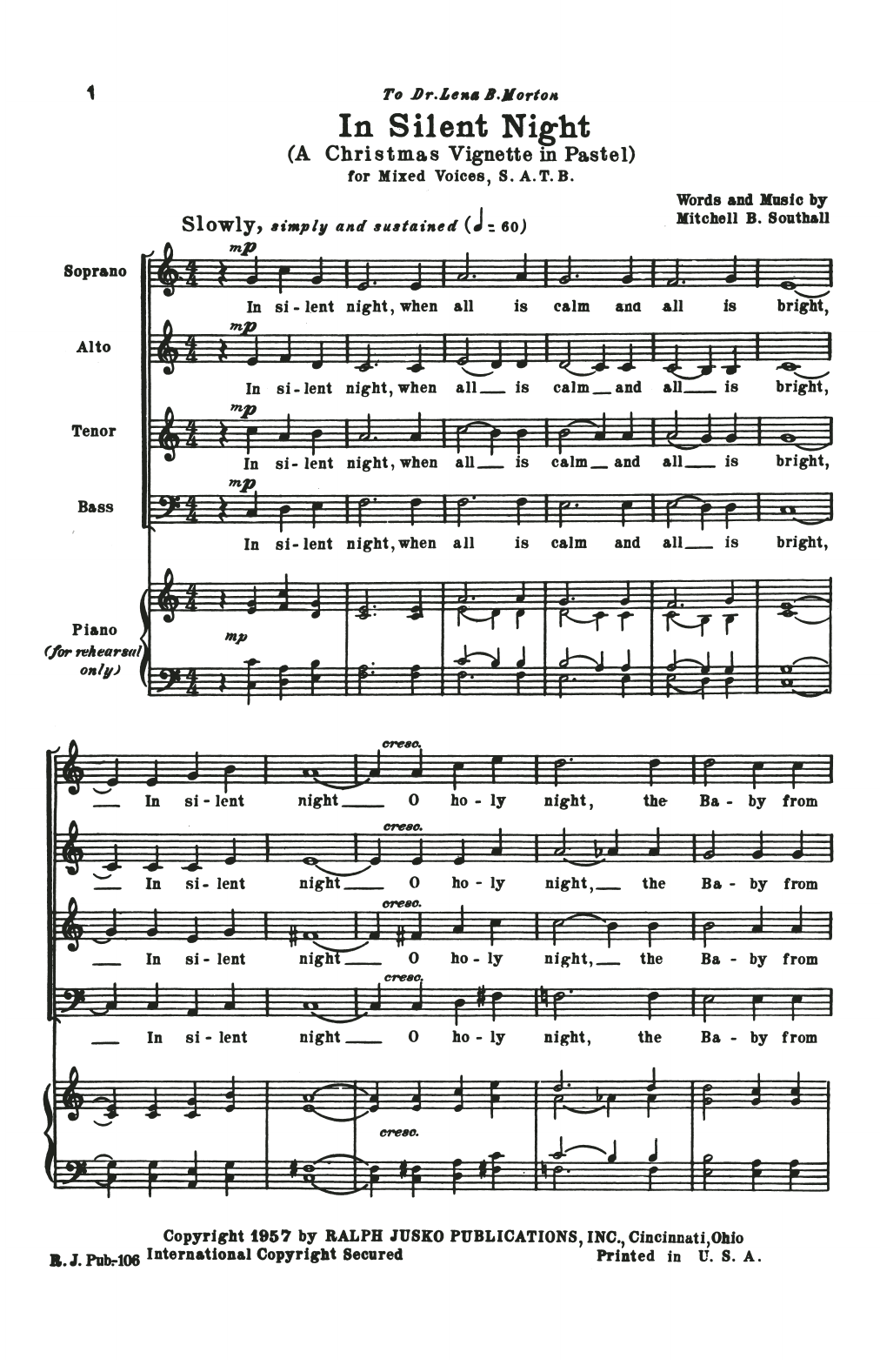 Download Mitchell B. Southall In Silent Night (A Christmas Vignette in Pastel) Sheet Music and learn how to play SSA Choir PDF digital score in minutes