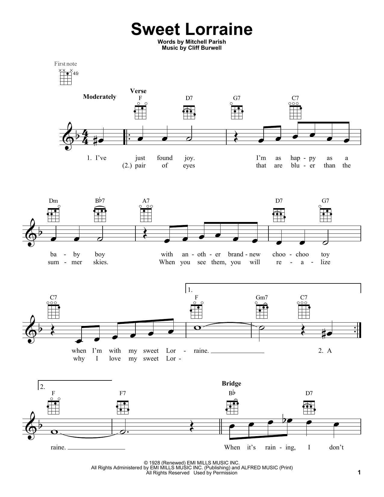 Download Mitchell Parish and Cliff Burwell Sweet Lorraine Sheet Music and learn how to play Ukulele PDF digital score in minutes