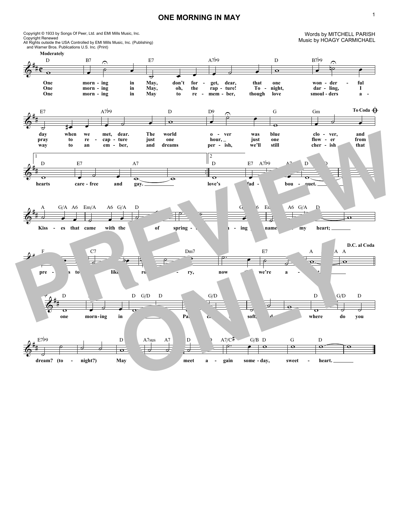 Download Mitchell Parish and Hoagy Carmichael One Morning In May Sheet Music and learn how to play Lead Sheet / Fake Book PDF digital score in minutes