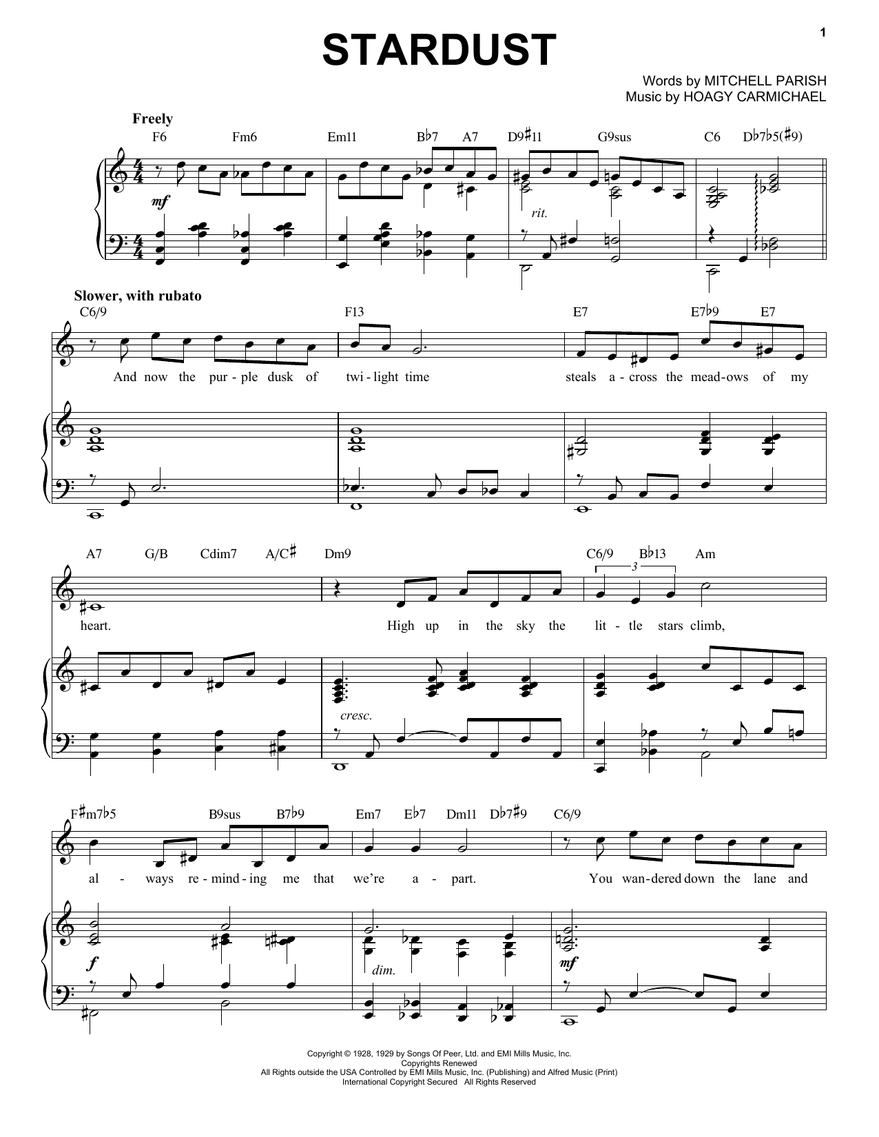 Download Mitchell Parish and Hoagy Carmichael Stardust [Jazz version] (arr. Brent Edstrom) Sheet Music and learn how to play Piano & Vocal PDF digital score in minutes