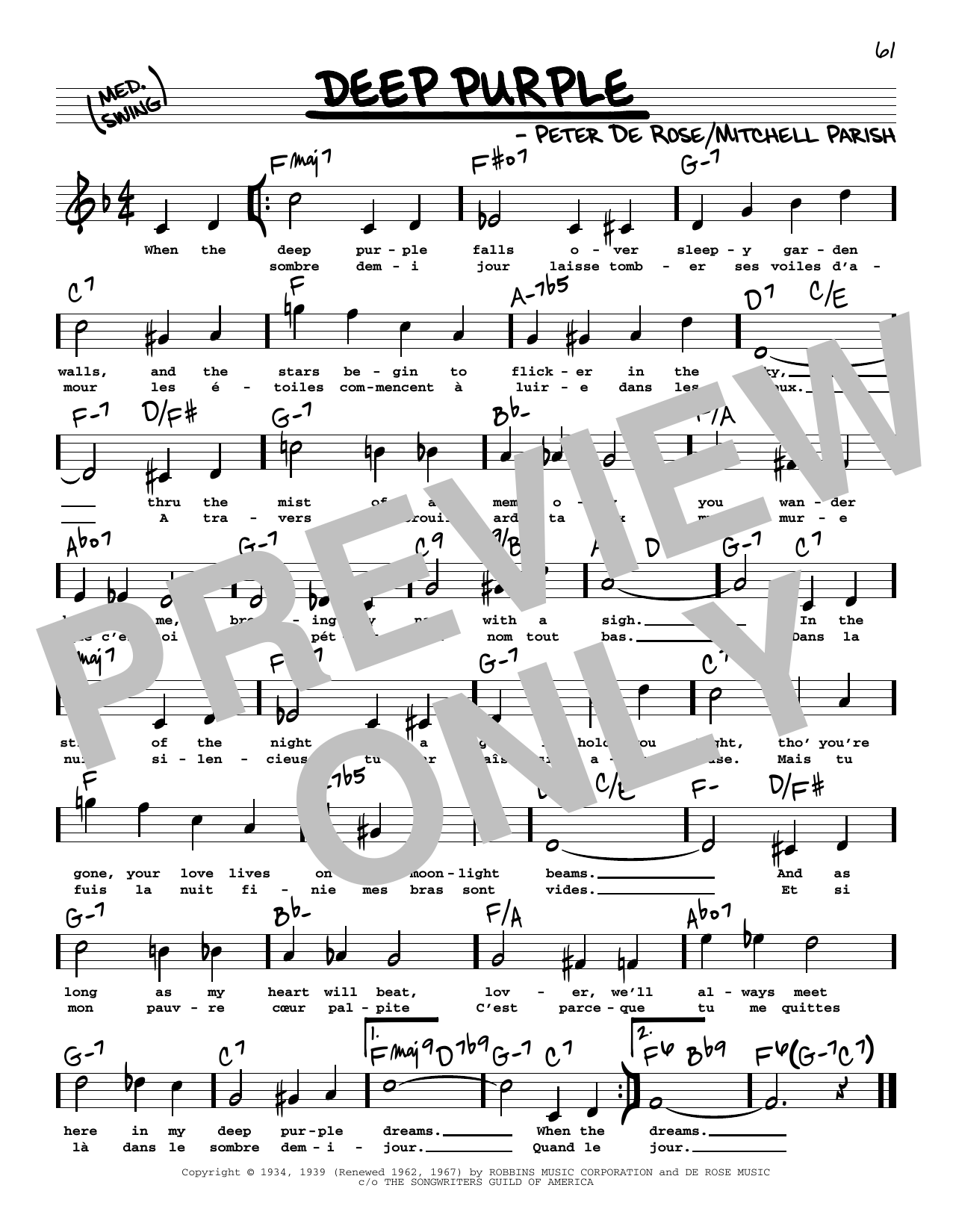 Download Mitchell Parish Deep Purple (High Voice) Sheet Music and learn how to play Real Book – Melody, Lyrics & Chords PDF digital score in minutes