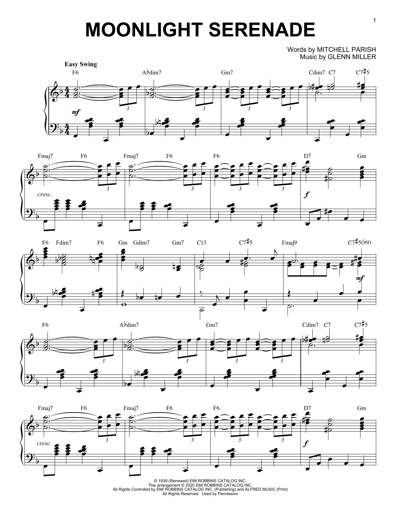 Download Mitchell Parish Moonlight Serenade [Jazz version] (arr. Brent Edstrom) Sheet Music and learn how to play Piano Solo PDF digital score in minutes