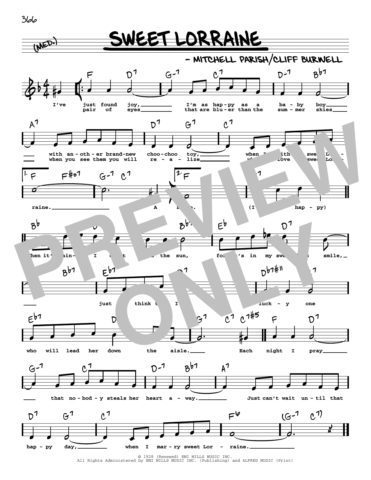 Download Mitchell Parish Sweet Lorraine (High Voice) Sheet Music and learn how to play Real Book – Melody, Lyrics & Chords PDF digital score in minutes