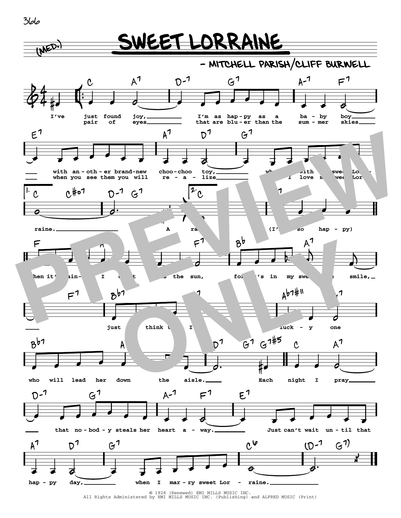 Download Mitchell Parish Sweet Lorraine (Low Voice) Sheet Music and learn how to play Real Book – Melody, Lyrics & Chords PDF digital score in minutes