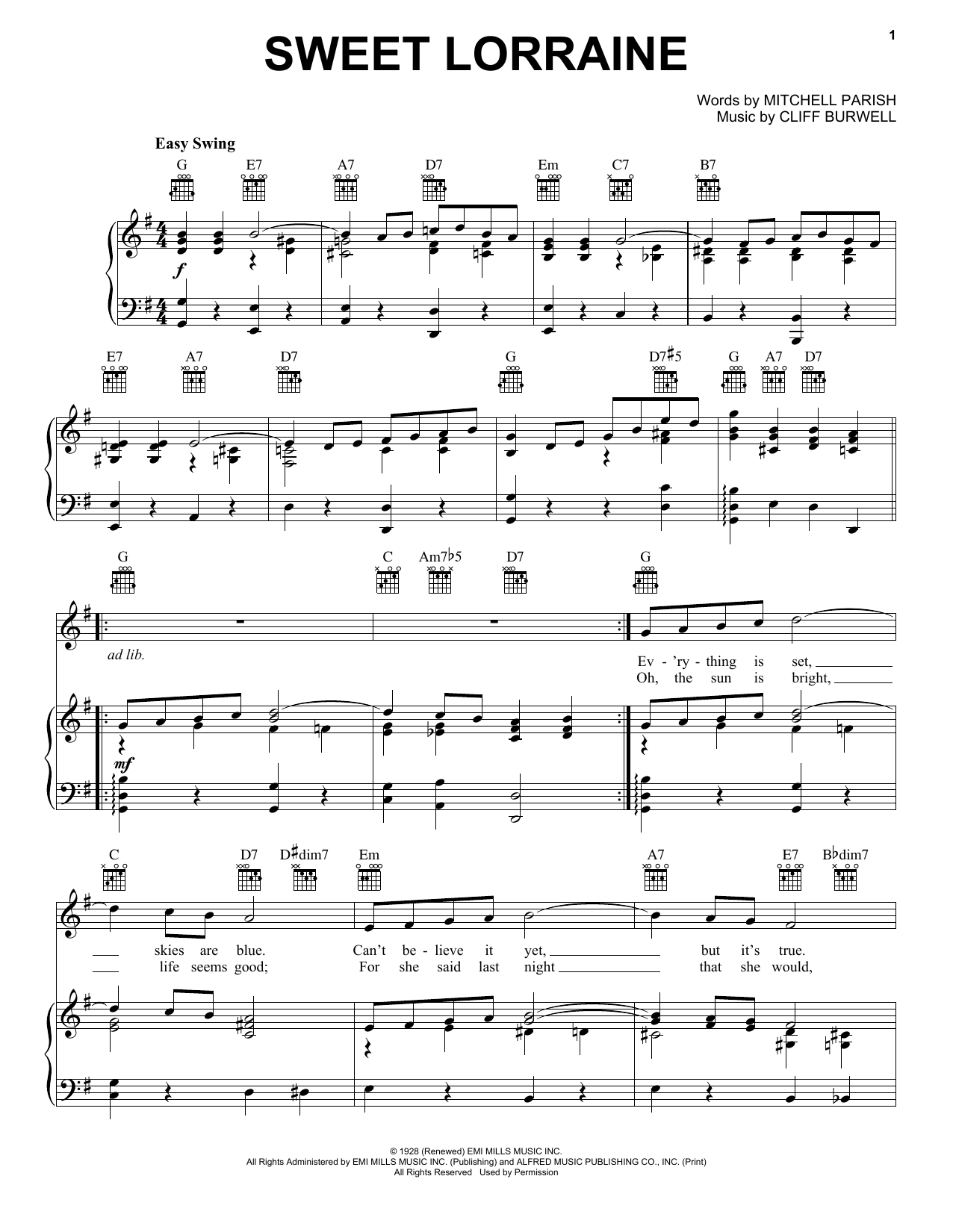 Download Mitchell Parish Sweet Lorraine Sheet Music and learn how to play Piano, Vocal & Guitar (Right-Hand Melody) PDF digital score in minutes