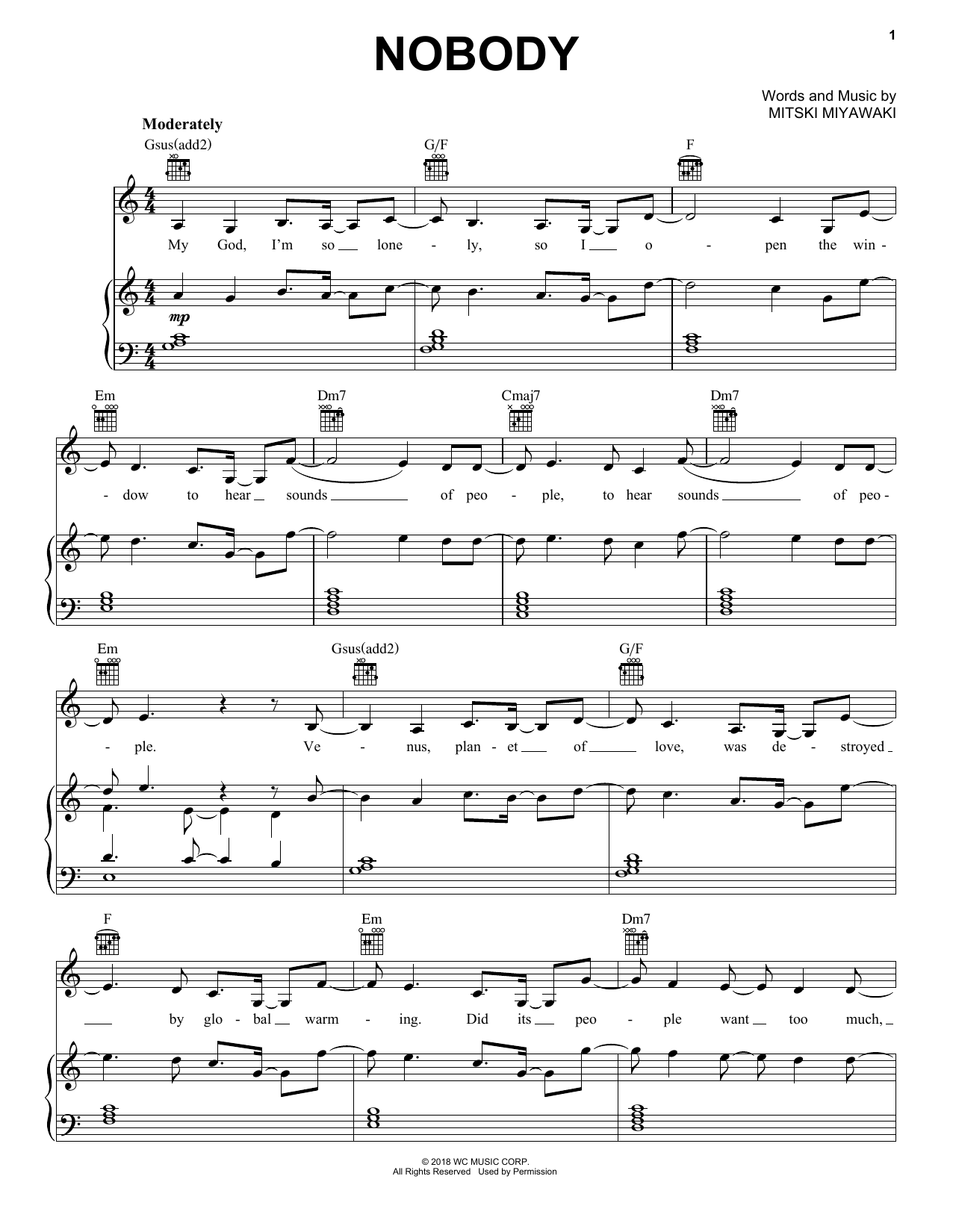 Download Mitski Nobody Sheet Music and learn how to play Piano, Vocal & Guitar Chords (Right-Hand Melody) PDF digital score in minutes