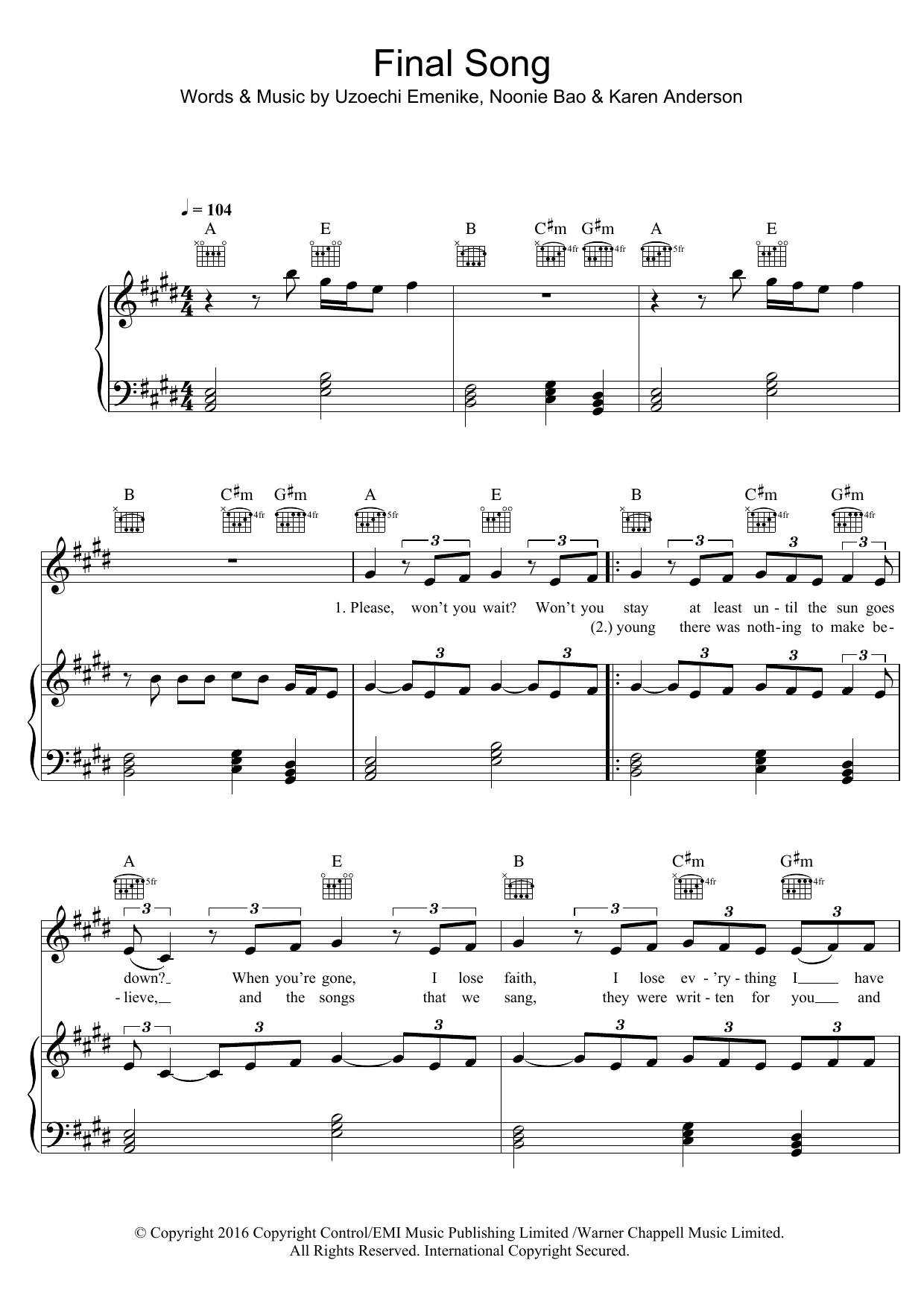 Download MØ Final Song Sheet Music and learn how to play Piano, Vocal & Guitar (Right-Hand Melody) PDF digital score in minutes