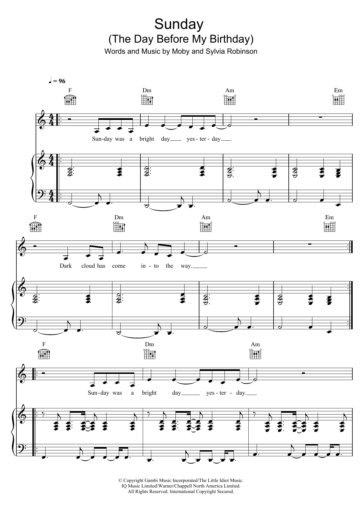 Download Moby Sunday (the Day Before My Birthday) Sheet Music and learn how to play Piano, Vocal & Guitar PDF digital score in minutes