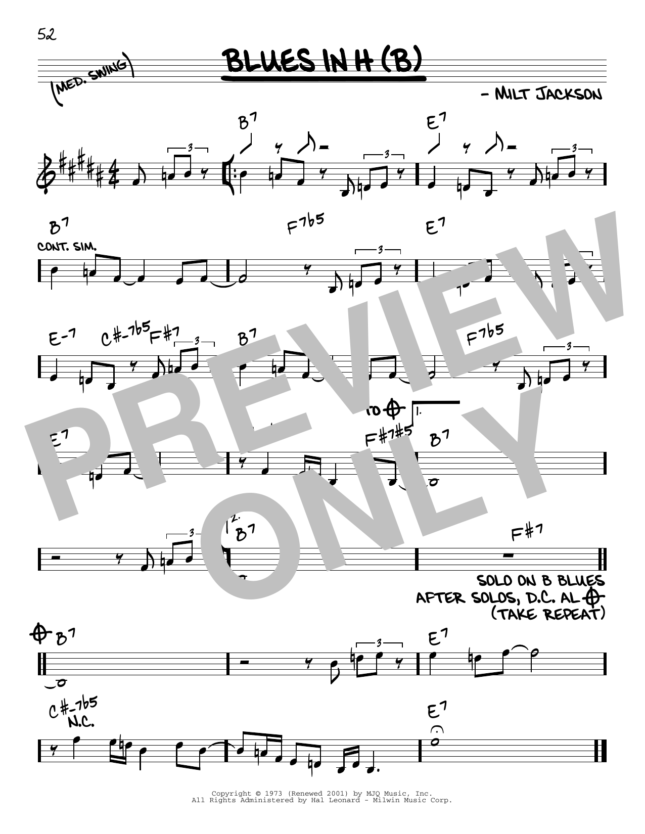 Download Modern Jazz Quartet Blues In H (B) Sheet Music and learn how to play Real Book – Melody & Chords PDF digital score in minutes