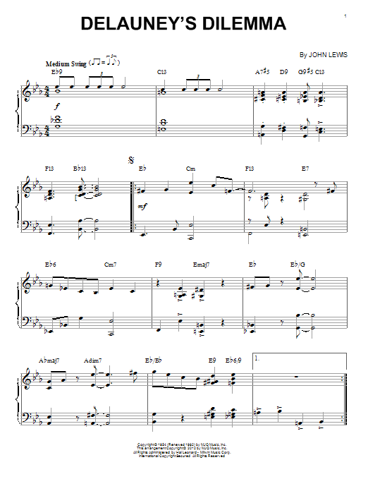 Download Modern Jazz Quartet Delauney's Dilemma Sheet Music and learn how to play Piano PDF digital score in minutes