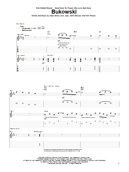 Download Modest Mouse Bukowski Sheet Music and learn how to play Guitar Tab PDF digital score in minutes