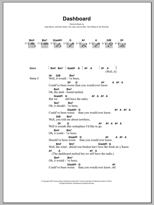 Download Modest Mouse Dashboard Sheet Music and learn how to play Lyrics & Chords PDF digital score in minutes