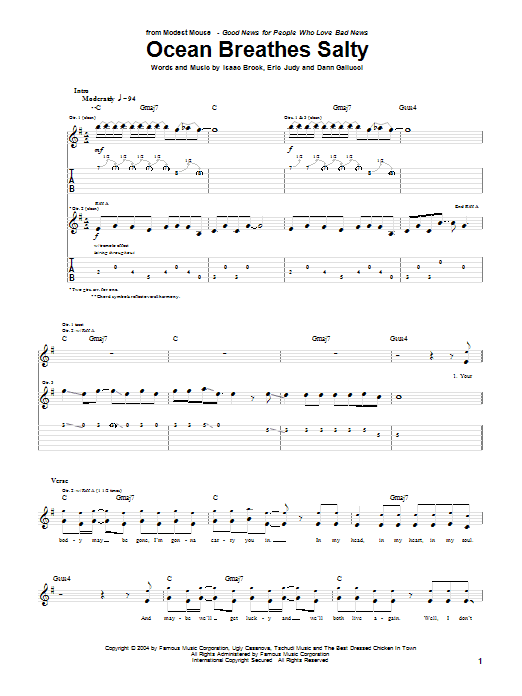 Download Modest Mouse Ocean Breathes Salty Sheet Music and learn how to play Guitar Tab PDF digital score in minutes