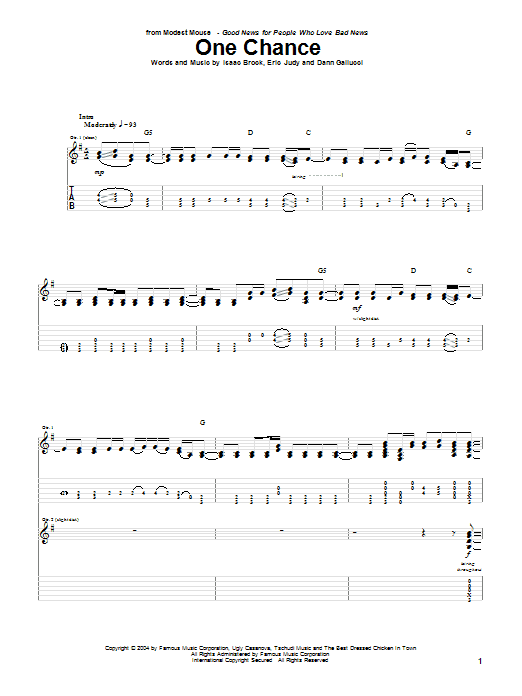 Download Modest Mouse One Chance Sheet Music and learn how to play Guitar Tab PDF digital score in minutes