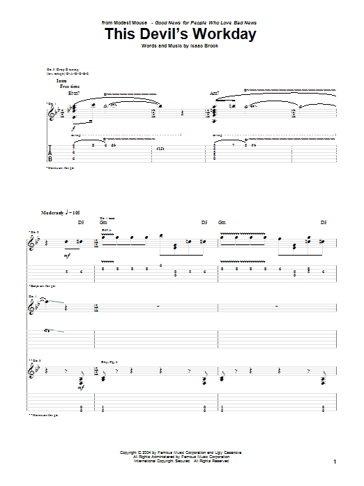 Download Modest Mouse This Devil's Workday Sheet Music and learn how to play Guitar Tab PDF digital score in minutes