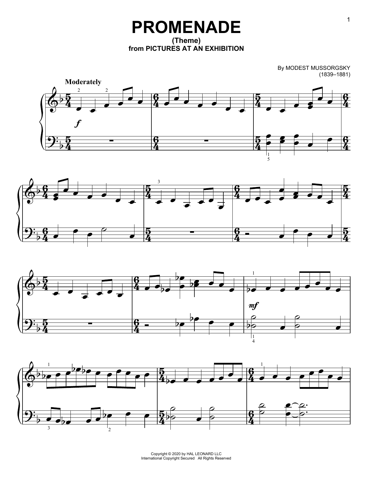 Download Modest Moussorgsky Promenade Theme Sheet Music and learn how to play Violin Duet PDF digital score in minutes