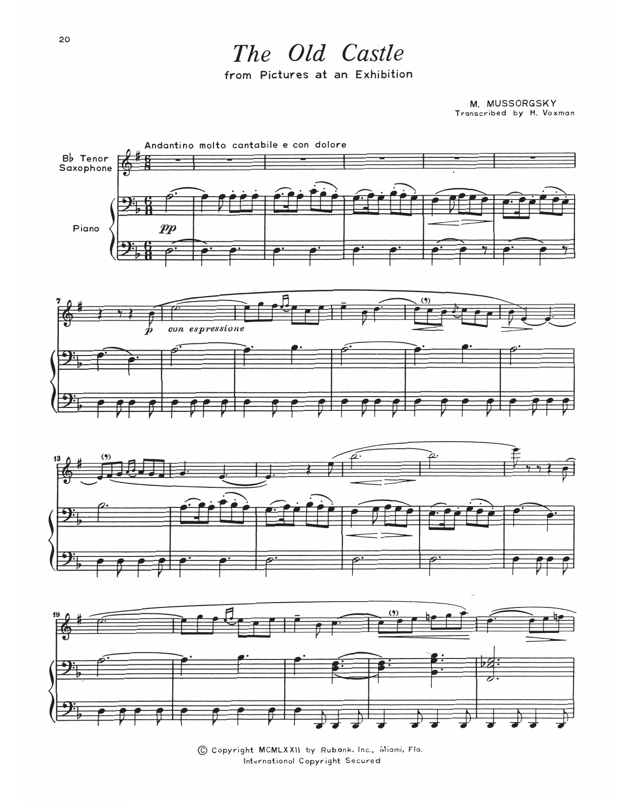 Download Modest Mussorgsky The Old Castle Sheet Music and learn how to play Tenor Sax and Piano PDF digital score in minutes