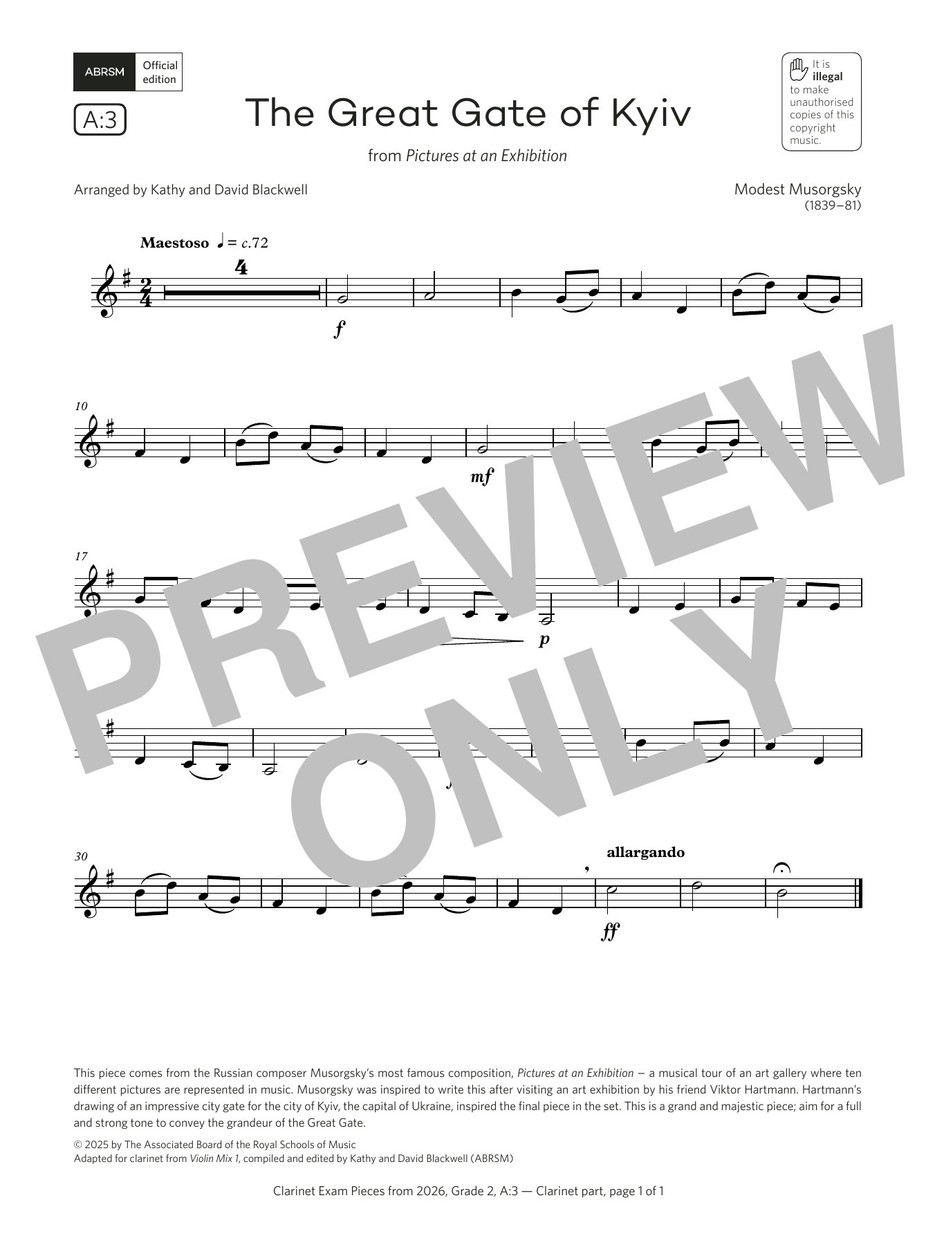 Download Modest Petrovich Musorgsky The Great Gate of Kyiv (Grade 2, list A3, from the ABRSM Clarinet Syllabus from Sheet Music and learn how to play Clarinet Solo PDF digital score in minutes